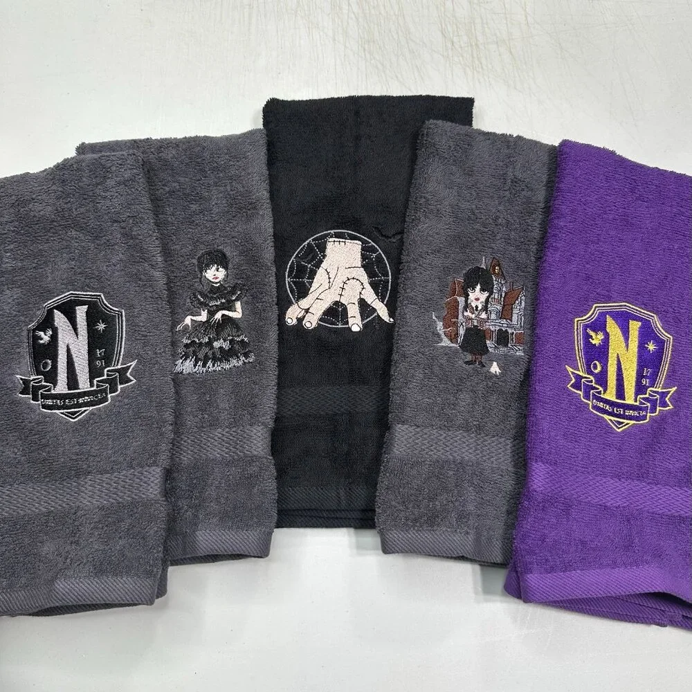 Wednesday Embroidered Hand Towels Bathroom Home Decor Goth Witch Nevermore